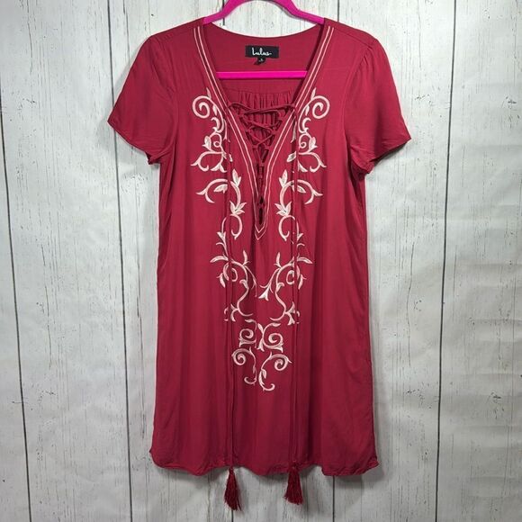 Lulus Embroidered Boho Lace Up Tassel Red Summer Beachy Tunic Mini Dress - Picture 2 of 16